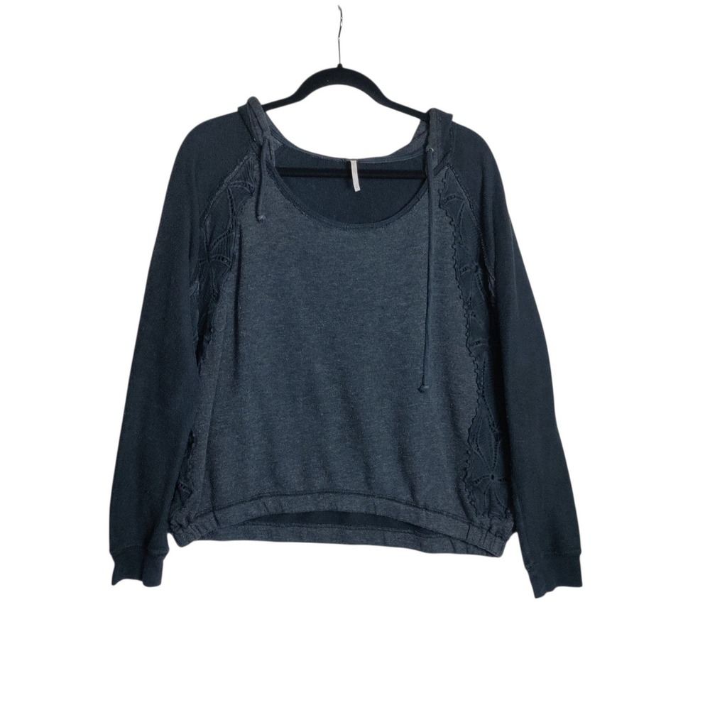 Free People Crochet Lace Raglan Hoodie Charcoal Gray Black Sweatshirt Medium